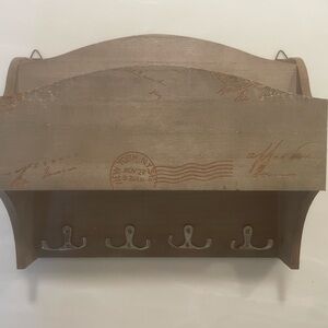Rustic Brown Wall Shelf with Hooks